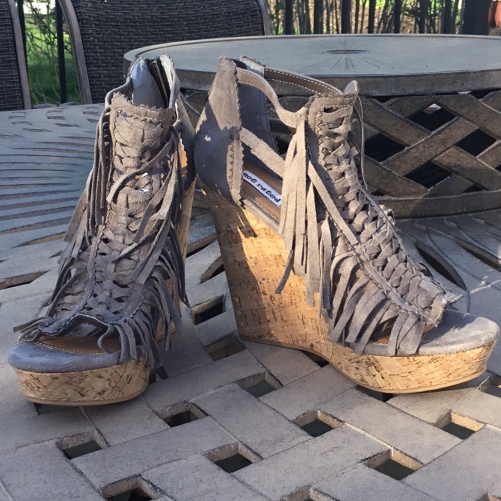 Fringed Woven Faux Suede Taupe Cork High Heel Wedge Platform Back Zipper sandals